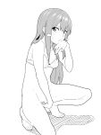  1girl bare_arms barefoot blush bottomless bra breasts breath female_masturbation female_pubic_hair fingering frip full_body greyscale hand_up highres looking_at_viewer makise_kurisu masturbation monochrome open_mouth parted_lips pubic_hair shadow small_breasts solo squatting steam steins;gate sweat underwear 