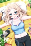  1girl absurdres alternative_girls aqua_eyes blonde_hair breasts candy cleavage day food game_console glasses highres long_hair looking_at_viewer lying nakata_natalie official_art on_back open_mouth outdoors pillow smile solo sportswear 