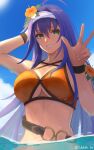  1girl :d ahoge arm_behind_head arm_up bare_arms bare_shoulders bikini blue_hair blue_sky breasts cleavage commentary_request criss-cross_straps fire_emblem fire_emblem:_radiant_dawn fire_emblem_heroes flower green_eyes grin hair_flower hair_ornament hairband hand_up highres labebebe_lee large_breasts long_hair looking_at_viewer mia_(fire_emblem) mia_(summer)_(fire_emblem) ocean official_alternate_costume open_mouth orange_bikini outdoors partially_submerged purple_hair sky smile solo stomach swimsuit very_long_hair w water wet white_hairband 
