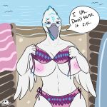 1:1 2022 anthro avian beach beak big_breasts bikini bird blue_eyes blue_jay blue_stripes breasts clothing corvid english_text feathers female flippin-rad grey_beak gull hi_res huge_breasts jay_(bird) lari larid navel new_world_jay nipples non-mammal_breasts non-mammal_navel non-mammal_nipples oscine panties passerine pink_clothing pink_panties pink_underwear sand sea solo speech_bubble stripes swimwear text two-piece_swimsuit underwear water watermark white_body white_breasts white_feathers