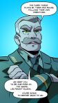  2019 clothing comic crossed_arms dialogue english_text facial_hair furry_force green_clothing green_jacket green_topwear hi_res human jacket komoroshi_(artist) male mammal mature_human mature_male military military_uniform mustache necktie not_furry solo speech_bubble text topwear uniform 