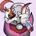 2_horns 3_claws abby_(ballad) absol absurd_res ambiguous_gender anthro black_clothing black_hand black_nails blush blush_lines claws clothing colored_nails duo eyelashes fan_character female_(lore) generation_3_pokemon generation_7_pokemon hair hi_res holding_object holding_pokeball horn hybrid inner_ear_fluff leg_markings lying maid_uniform male_(lore) markings micro mjinoct1 mostly_offscreen_character mother_(lore) mother_and_child_(lore) mother_and_son_(lore) nails nintendo on_front one_eye_closed parent_(lore) parent_and_child_(lore) parent_and_son_(lore) pink_hand pokeball pokemon pokemon_(species) purple_markings red_claws red_ears red_face red_horn salazzle salem_(ballad) size_difference smile smiling_at_another son_(lore) tuft uniform white_clothing white_hair white_inner_ear white_inner_ear_fluff yellow_eyes