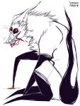  3_eyes anthro blood blood_on_claws blood_on_mouth bloodonmouth bodily_fluids canid canine canis demon demonic demonic_eyes fangs fangs_bared hi_res hybrid looking_at_viewer male mammal multi_eye neck_fur pivot_(sammehchub) red_eyes sammehchub simple_coloring solo wolf 
