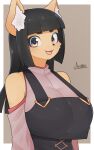  10:16 2021 absurd_res big_breasts black_hair black_nose breasts canid cute_fangs female hair hi_res inner_ear_fluff komena_akamori looking_at_viewer mammal mofumofumachine open_mouth simple_background smile solo tan_body tuft 