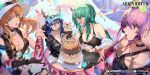  4girls absurdres arknights artist_request bangs bare_shoulders baseball_cap bikini black_bikini black_choker black_gloves black_swimsuit blonde_hair blue_hair breasts cake ch&#039;en_(arknights) ch&#039;en_the_holungday_(arknights) choker copyright_name eyebrows_visible_through_hair food gloves green_eyes green_hair hat highres horns hoshiguma_(arknights) large_breasts lin_yuhsia_(arknights) long_hair looking_at_viewer medium_breasts multiple_girls official_art one-piece_swimsuit open_mouth pink_hair purple_eyes red_eyes single_glove single_horn single_strap string_of_flags swimsuit swire_(arknights) third-party_source white_headwear yellow_eyes 