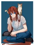  1girl absurdres animal_on_shoulder aozaki_aoko bangs blue_background blue_eyes cat closed_mouth crossed_legs full_body highres indian_style long_hair looking_at_viewer open_mouth pikaremon red_hair short_sleeves simple_background sitting smile tsukihime very_long_hair 