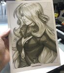  1girl art_tools_in_frame artist's_hand_in_frame border breasts cleavage closed_mouth commentary cynthia_(pokemon) english_commentary fur_collar hair_over_one_eye highres jacket long_hair looking_at_viewer marker_(medium) photo_(medium) pokemon pokemon_diamond/pearl/platinum sepia signature solo stanley_lau traditional_media very_long_hair white_border 