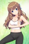  1girl absurdres ahoge alternative_girls arimura_shion armpits bare_arms blue_eyes breasts brown_hair cleavage closed_mouth eyebrows_visible_through_hair green_background highres long_hair looking_at_viewer official_art own_hands_together smile solo sportswear tank_top white_tank_top 