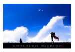  1boy 1girl aozaki_aoko blue_sky border cloud copyright_name grass highres knees_to_chest long_hair looking_at_viewer pikaremon silhouette sky tohno_shiki tsukihime very_long_hair white_border younger 