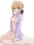  1girl ahoge artoria_pendragon_(fate) bangs barefoot bow breasts closed_mouth eyebrows_visible_through_hair fate/stay_night fate_(series) green_eyes hair_bow hair_bun hand_on_own_leg kneeling long_sleeves looking_at_viewer maru_(pixiv51714255) medium_breasts navel open_clothes open_shirt panties saber smile soles solo underwear white_panties 