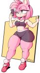  8-pus amy_rose anthro bottomwear breasts cellphone cleavage clothed clothing eulipotyphlan female hair hedgehog holding_cellphone holding_object holding_phone mammal phone pink_hair sega shorts solo sonic_the_hedgehog_(series) 