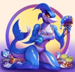  anthro breasts canid canine canis cleavage clothed clothing domestic_dog female feral fish fivel hi_res kneeling mammal marine multicolored_body shark topwear two_tone_body 