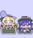  2girls black_hat blonde_hair blue_eyes blush_stickers bow chibi chibi_only commentary_request dress earrings hair_between_eyes hair_ornament hat highres jewelry long_hair lucilla_(wuthering_waves) multiple_girls open_mouth phoebe_(wuthering_waves) purple_eyes purple_hair simple_background sitting sweat sweatdrop syurikenmaru white_dress white_hat wuthering_waves x_hair_ornament 