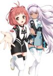  2girls ahoge black_sleeves boots brown_eyes brown_hair commentary dark-skinned_female dark_skin dress grey_dress headgear highres kirschwasser leg_up long_hair long_sleeves looking_at_viewer maid_headdress momo_mizrahi mon_7291 multiple_girls open_mouth outstretched_hand short_dress short_hair simple_background smile standing standing_on_one_leg thigh_boots thigh_gap thighhighs thighs two-tone_dress white_background white_hair white_thighhighs xenosaga 