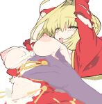  1boy 1girl ahoge arms_up bangs blonde_hair braid breast_grab breasts breasts_outside dress epaulettes fate/extra fate_(series) french_braid grabbing green_eyes hair_bun hair_intakes hair_ribbon juliet_sleeves large_breasts long_hair long_sleeves nero_claudius_(fate) nero_claudius_(fate/extra) nipples puffy_sleeves red_dress red_ribbon ribbon tears torn_clothes wr_(karakusa_senbei) 