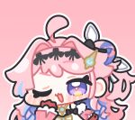  1girl ahoge chibi chibi_only commentary_request encore_(wuthering_waves) gloves gradient_background hair_intakes hairband hand_up long_hair looking_at_viewer multicolored_hair one_eye_closed open_mouth pink_background pink_hair purple_eyes red_gloves solo syurikenmaru upper_body wuthering_waves 