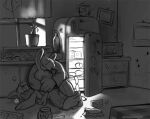 anthro big_feet big_snout canid canine clothed clothing confusion duo feet food food_on_floor hug lagomorph leporid long_ears male male/male mammal max_(sam_and_max) monochrome night nude pajamas pictopatch rabbit sad sam_and_max samuel_dog shaded sharp_teeth teeth toes
