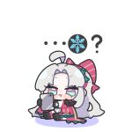  ... 1girl :t ? ahoge black_gloves blue_eyes bow carlotta_(wuthering_waves) cellphone chibi chibi_only closed_mouth coat commentary_request dress gloves hair_bow hairband highres holding holding_phone jacket long_hair looking_at_viewer parted_bangs phone pink_bow pink_coat pink_hairband pink_jacket pout simple_background sitting smartphone solo striped_bow syurikenmaru v-shaped_eyebrows very_long_hair white_background white_dress white_hair wuthering_waves 