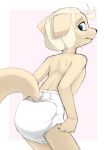  2021 anthro black_nose blue_eyes canid canine canis clean_diaper clothed clothing diaper diaper_only domestic_dog female fur furgonomics hair hi_res light_body light_fur mammal nyanyakotarou rear_view short_hair simple_background solo tan_body tan_fur tan_hair topless worried 