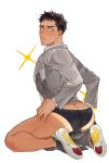  1boy ass black_hair blush closed_mouth clothes_pull dark_skin grey_jacket grey_pants jacket male_focus male_swimwear min_(bellta) open_clothes open_jacket original pants pants_around_one_leg pants_pull shirt shoes short_hair sneakers solo swim_briefs tan tanlines thick_thighs thighs white_shirt 