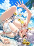  1girl :d ;d armlet beach bikini blue_sky breasts buru-dai cleavage commentary_request dan'in-san_(shirogane_noel) day flower frilled_bikini frills front-tie_bikini_top front-tie_top green_eyes grey_hair hair_flower hair_ornament hololive hololive_dreams huge_breasts jewelry knees_up looking_at_viewer lying navel official_alternate_costume on_back one_eye_closed open_mouth outdoors shirogane_noel shirogane_noel_(serene_wave_knight) short_hair sky smile solo stomach sunflower swimsuit upside-down virtual_youtuber white_bikini 