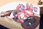 anthro bed blush bow_ribbon bra_strap breasts cleavage clothed clothing duo eeveelution eyes_closed eyewear female furniture generation_2_pokemon generation_6_pokemon gil_(lazegil) glasses hair heart_symbol hi_res intimate kissing lying lying_on_bed making_out male male/female markings nintendo on_bed pillow pink_hair pokemon pokemon_(species) ring_(marking) shiny_pokemon shiyaa_stuff summer_(oreon_smol) sylveon tail tongue umbreon xiya21