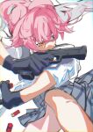 1girl absurdres beretta_1301 beretta_92 black_gloves black_skirt blue_archive blue_eyes bullet commentary_request e66f6f foot_out_of_frame gloves gun hair_between_eyes handgun heterochromia highres holding holding_gun holding_weapon hoshino_(armed)_(blue_archive) hoshino_(blue_archive) leg_up long_hair orange_eyes pink_hair plaid_clothes plaid_skirt pleated_skirt ponytail shirt short_sleeves shotgun simple_background skirt solo weapon white_background white_shirt 
