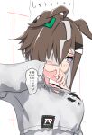  1girl animal_ears baggy_clothes black_tank_top blue_eyes blush breasts brown_hair commentary_request dress grey_dress grey_streaks hair_ornament hair_over_one_eye horse_ears horse_girl long_sleeves multicolored_hair namuu250bunbun rulership_(casual)_(umamusume) rulership_(umamusume) short_hair single_bare_shoulder solo speech_bubble streaked_hair tank_top torn_clothes torn_dress translated umamusume upper_body 