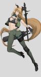  1girl abs absurdres alternate_costume animal_ears arknights arm_up bangs black_bra black_footwear black_gloves blonde_hair bra breasts chest_strap cleavage commentary_request degenbrecher_(arknights) full_body gloves green_jacket grey_pants hair_between_eyes high_heels highres hip_vent holding holding_sword holding_weapon horns jacket large_breasts long_hair looking_at_viewer medium_breasts navel open_clothes open_jacket pale_laomo pants short_sleeves sidelocks solo stomach sword thigh_strap toned underwear very_long_hair weapon yellow_eyes 