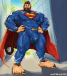 5_toes abs anthro arm_hair armpit_penis avantaberrant balls barefoot belt_buckle big_balls big_bulge big_muscles big_pecs big_penis bodily_fluids body_hair brown_eyes buckle bulge cape city city_background clothed clothing detailed_bulge ear_piercing feet fully_clothed genital_fluids genitals hair hands_on_hips haplorhine hi_res latissimus_dorsi leg_hair logo long_tail looking_at_viewer looking_down looking_down_at_viewer male mammal monkey muscular muscular_arms muscular_legs muscular_male navel_outline nipple_outline open_mouth outside pecs penis piercing plant precum precum_stain precum_through_clothing primate smile solo stained_clothing standing superman_(series) superman_logo supersuit tail tail_tattoo tattoo teeth toes tree unusual_anatomy urine_stain wet wet_clothing