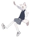 2022 accessory ambiguous_gender anthro biped bottomwear canid canine canis clothed clothed_anthro clothing collared_shirt digital_media_(artwork) dipstick_tail domestic_dog dress_shirt eyes_closed footwear fur hi_res hikousen11 humanoid_hands loose_footwear mammal markings necktie shirt shoe_dangle shoes simple_background skirt socks solo standing tail tail_markings topwear vest