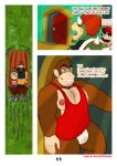 absurd_res anthro ape bodily_fluids bowser clothing comic dialogue donkey_kong_(character) donkey_kong_(series) dropsofmoonlight elevator gorilla group hairy haplorhine hi_res human humanoid jockstrap kong koopa male male/male mammal mario mario_bros musclegut muscular nintendo overweight primate scalie shirt stained_underwear sweat tank_top topwear trio underwear