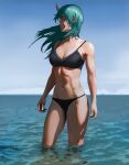  1girl absurdres arknights bare_arms bare_shoulders bikini black_bikini blue_sky breasts cleavage cloud commentary cowboy_shot day green_hair highres horns hoshiguma_(arknights) large_breasts long_hair looking_to_the_side navel outdoors pale_laomo profile single_horn sky solo standing stomach swimsuit thighs wading water 