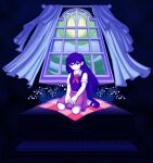  1girl black_hair commentary english_commentary flower highres kneeling lily_of_the_valley long_hair looking_at_viewer mari_(headspace)_(omori) mari_(omori) mary_janes omori shoes smile thestrifeisrife window 