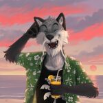  1:1 absurd_res anthro beach happy hi_res human male mammal meowdraw seaside skinny_male skinny_wolf smile solo sunset wolf_shira 