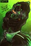  anthro black_body black_fur bodily_fluids bulge canid canine canis clothed clothing collar crazydrak ear_piercing facial_piercing fur genital_fluids green_body green_clothing green_eyes green_fur green_tongue green_underwear hi_res kingwolfeon male mammal muscular muscular_anthro muscular_male nipple_piercing nipples nose_piercing partially_clothed piercing precum solo sweat tongue underwear were werecanid werecanine werewolf wolf 