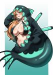  1girl blind_obsession_(e.g.o) body_freckles breast_freckles breasts chest_freckles cleavage commentary criss-cross_halter e.g.o_(project_moon) fins fish_tail freckles gradient_background green_eyes halterneck hand_in_pocket hand_up highres huge_breasts ishmael_(project_moon) limbus_company looking_at_viewer low_ponytail low_side_ponytail navel nekomikan open_mouth open_onesie orange_hair ponytail project_moon side_ponytail simple_background solo steam sweat tail teeth untranslatable_commentary upper_teeth_only 