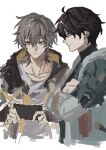 2boys ahoge black_gloves black_hair black_jacket black_shirt blue_eyes caelus_(honkai:_star_rail) cellphone chinese_clothes closed_mouth collarbone crossed_arms dan_heng_(honkai:_star_rail) dan_heng_(hunt)_(honkai:_star_rail) earclip eyeliner fingerless_gloves from_side gloves grey_hair hair_between_eyes hands_up highres holding holding_phone honkai:_star_rail honkai_(series) hood hooded_jacket jacket long_sleeves looking_to_the_side makeup male_focus multiple_boys nochi_2 open_clothes open_jacket phone red_eyeliner shirt short_hair shoulder_pads simple_background smartphone t-shirt tassel trailblazer_(honkai:_star_rail) turtleneck turtleneck_shirt two-sided_fabric two-sided_jacket upper_body white_background white_jacket white_shirt yellow_eyes yellow_jacket 