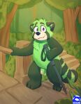 ailurid anthro belly exhibitionism forest genitals green_body happy hi_res hiking male mammal mark_laug nude penis plant purple_eyes red_panda shairon shairon_coffe solo stairs tree