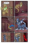 2026 2:3 6_panel_comic absurd_res ambiguous_gender black_nose black_text blue_text brown_body brown_eyes canid canine comic detailed_background dialogue door english_text exclamation_point eyebrows feral fox fur green_eyes hi_res inner_ear_fluff inner_monologue looking_at_another male_(lore) mammal motion_lines open_mouth open_smile page_number quadruped red_text roko_kirihoko smile solo sound_effects spirit tail teeth text thinking toony tuft virmir white_sclera wood wood_door yellow_text