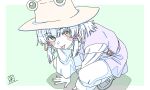  1girl :p brown_hat brown_shoes commentary green_background hair_ribbon hat highres loafers long_sleeves looking_at_viewer maita moriya_suwako purple_skirt purple_vest red_ribbon ribbon shoes skirt skirt_set socks solo squatting tongue tongue_out touhou tress_ribbon vest white_socks wide_sleeves 