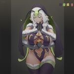  1girl antennae arthropod_girl ba_nana10 bare_hips black_sclera black_thighhighs braid breasts colored_sclera cross extra_arms fishnets green_eyes green_hair hair_between_eyes highres huge_breasts indie_virtual_youtuber insect_wings juniper_actias juniper_actias_(space_invader) looking_at_viewer monster_girl moth_antennae moth_girl moth_wings multicolored_hair nun nun_headdress pointy_ears praying revealing_clothes simple_background solo thick_thighs thighhighs thighs twin_braids virtual_youtuber white_hair wide_hips wings 