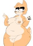  anthro areola belly big_belly big_breasts breasts canid canine canis chest_tuft digital_media_(artwork) domestic_dog female fluffqween fur half-closed_eyes happy hi_res looking_at_viewer mammal multicolored_body multicolored_fur narrowed_eyes navel nipples nude orange_body orange_fur overweight overweight_female raised_tail simple_background smile solo tan_areola tan_body tan_fur tan_nipples tuft 