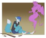  ambiguous_gender anthro blue_body blue_fur blue_hair breast_growth breasts bruised canid canine crossgender cyan demon digital_drawing_(artwork) digital_media_(artwork) duo feet female fox fur ghost growth hair horn humanoid hybrid intersex intersex/female male mammal mti_crossgender narusewolf pawpads possession sequence sfw sitting spade_tail spirit succubus transformation transformation_sequence weight_gain wings wounded 