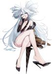  1girl absurdres black_dress black_gloves blue_eyes choker collarbone crossed_legs dress elbow_gloves full_body gloves hair_between_eyes heart heart-shaped_pupils high_heels highres kiritzugu long_hair looking_at_viewer messy_hair original shiny_skin shoe_dangle sitting solo symbol-shaped_pupils very_long_hair white_background white_hair 