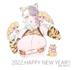  2022 2girls animal_ear_fluff animal_ears animal_hands animal_print aqua_eyes aqua_hair areola_slip areolae armpits artist_name bare_shoulders bikini black_hair blonde_hair breasts brown_hair chinese_zodiac claws elbow_gloves english_text eyebrows_visible_through_hair eyelashes eyepatch_bikini fang fur-trimmed_choker fur_trim gloves hair_ornament hairband happy_new_year heterochromia highres large_breasts long_hair looking_at_another multicolored_hair multiple_girls new_year no_mouth open_mouth orange_gloves original pink_eyes purple_hair red_hair simple_background sketch skindentation sweat swimsuit teeth tiger_ears tiger_print tongue turtleneck upper_body upper_teeth white_background xiangzi_box year_of_the_tiger 