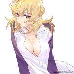  1girl bangs blonde_hair breasts cagalli_yula_athha cleavage dress_shirt eyebrows_visible_through_hair gundam gundam_seed hair_between_eyes highres long_hair long_sleeves medium_breasts nito_minatsuki notice open_clothes open_mouth open_shirt purple_sleeves red_eyes shiny shiny_hair shirt simple_background sketch solo white_background white_shirt 