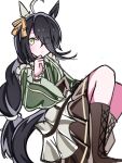  1girl ahoge animal_ears black_hair blush boots brown_boots brown_corset closed_mouth commentary_request corset ear_covers frills green_kimono hair_between_eyes highres horse_ears horse_girl horse_tail japanese_clothes kikkasoon kimono long_bangs long_hair long_hair_between_eyes long_sleeves looking_at_viewer maid manhattan_cafe_(umamusume) manhattan_cafe_(verdant_night)_(umamusume) multicolored_hair official_alternate_costume official_alternate_hairstyle simple_background single_ear_cover solo tail umamusume white_background yellow_eyes 