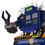1:1 2_fingers alpha_channel alphus_(the_desolate_hope) big_arms blue_body blue_mouth blue_skin fingers glowing glowing_eyes green_eyes humanoid kemythegardevoir larger_male legless light_bulb machine male pixelated pupils robot robot_humanoid robotic_arm science_fiction scott_cawthon scottgames screen_eyes simple_background size_difference solo solo_focus television_static the_desolate_hope transparent_background wheel