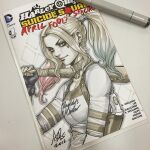  1girl art_tools_in_frame baseball_bat batman_(series) blonde_hair blue_eyes breasts closed_mouth collar commentary cover_sketch dc_comics ear_piercing english_commentary harley_quinn holding holding_baseball_bat holster looking_at_viewer marker_(medium) photo_(medium) piercing shirt signature solo stanley_lau traditional_media twintails upper_body white_shirt 